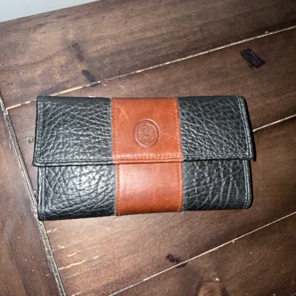 Black & Brown Leather Clutch Wallet Genuine Leather Trim Snap Closure